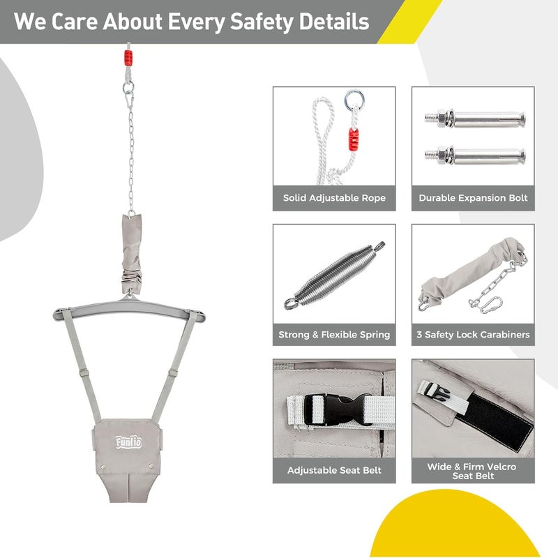 FUNLIO Baby Jumper with a Ceiling Hook for 6-24 Months, Baby Door Jumper for Indoor/Outdoor Play, Infant Jumper Doorway with Adjustable Chain, Easy to Assemble & Store (with a Ceiling Hook)- Grey - Image 3